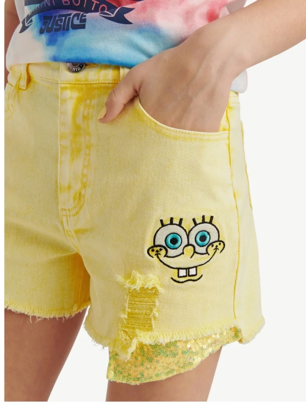 Sponge Bob Justice Girls Yellow Sequin Denim Shorts Size 8 NWT